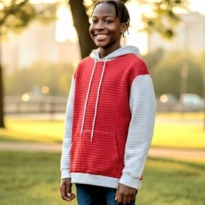 NWT Small Oversized Red & Gray Waffle-knit Lightweight Hoodie Sweatshirt